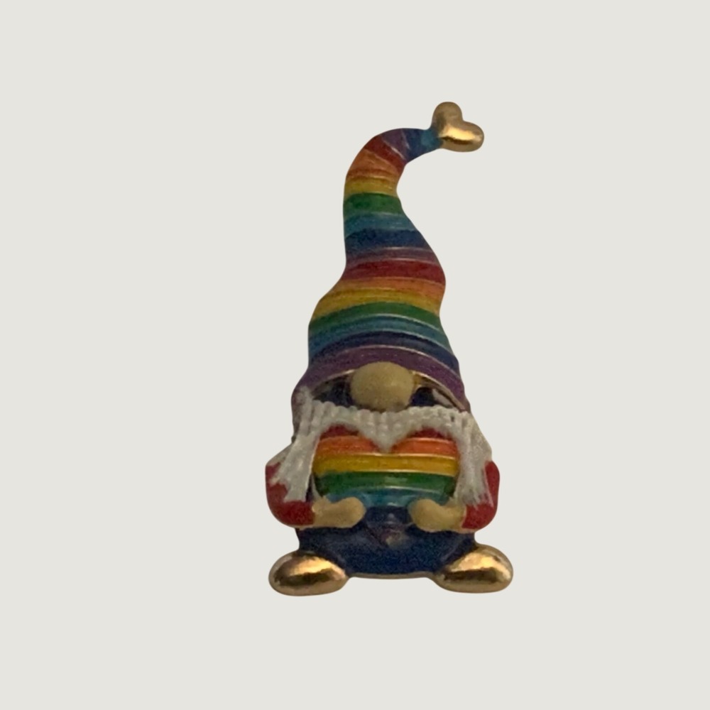 Bella Jack Rainbow Pride Gnome Brooch Pin Holding Heart Gold Tone Enamel